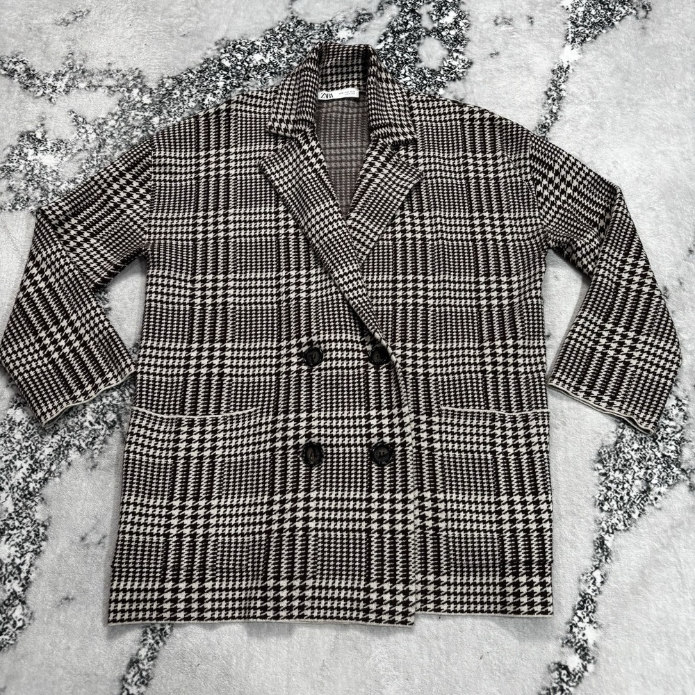 Zara Sweater Cardigan Womens Size M Brown Cream Houndstooth Double Breasted Knit